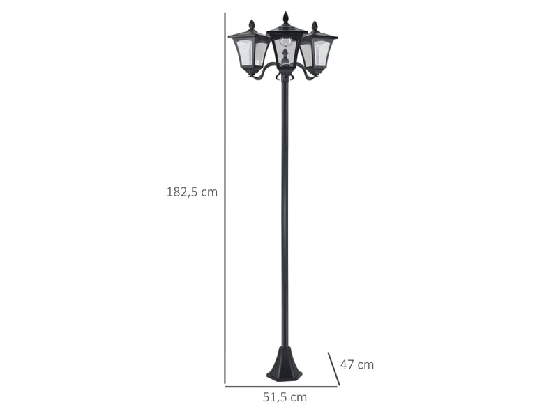  Lanterne solaire de jardin à 3 lampes, mât en acier inoxydable, 120 lumens (led), 51,5 x 47 x 182,5 cm, étanche ip44, pour jardin ou balcon, noire.  - Conforama D