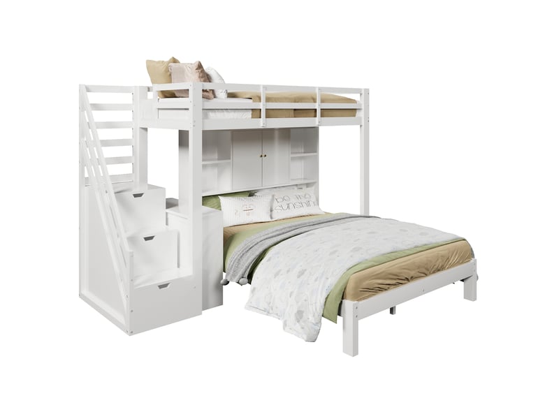  Lit superposé 90x200 et 140x200 enfant avec rangement escalier et table mobile bois massif blanc  - Conforama A
