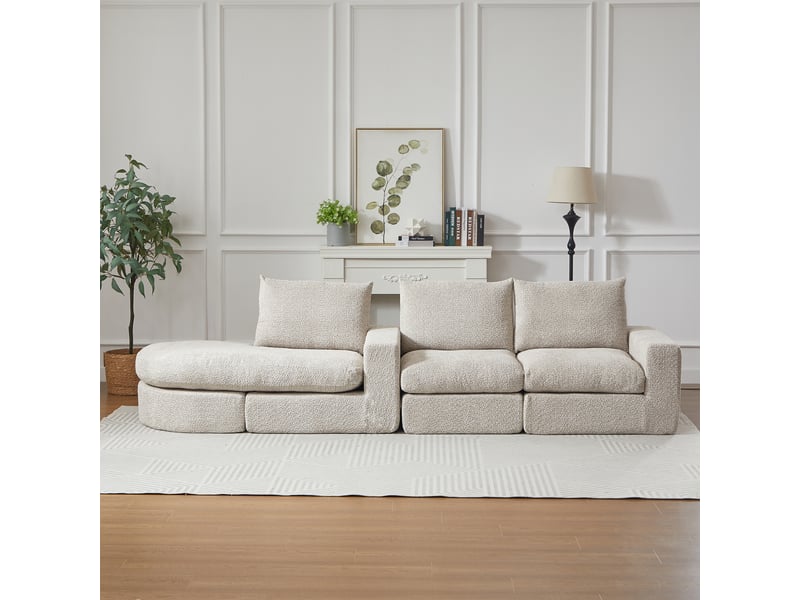 Canapé d’angle modulable en chenille, méridienne réversible, mousse haute densité, 3 coussins, sans montage - beige - Conforama B