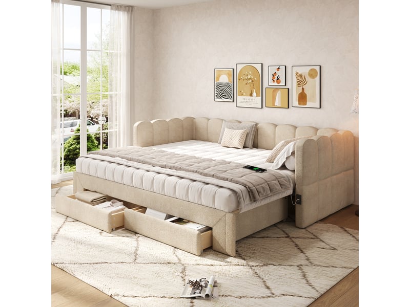 Lit rembourré 90x200 cm, lit de jour avec 2 tiroirs de rangement, canapé-lit a extensible à 180 cm, chenille beige, avec prise usb  - Conforama C