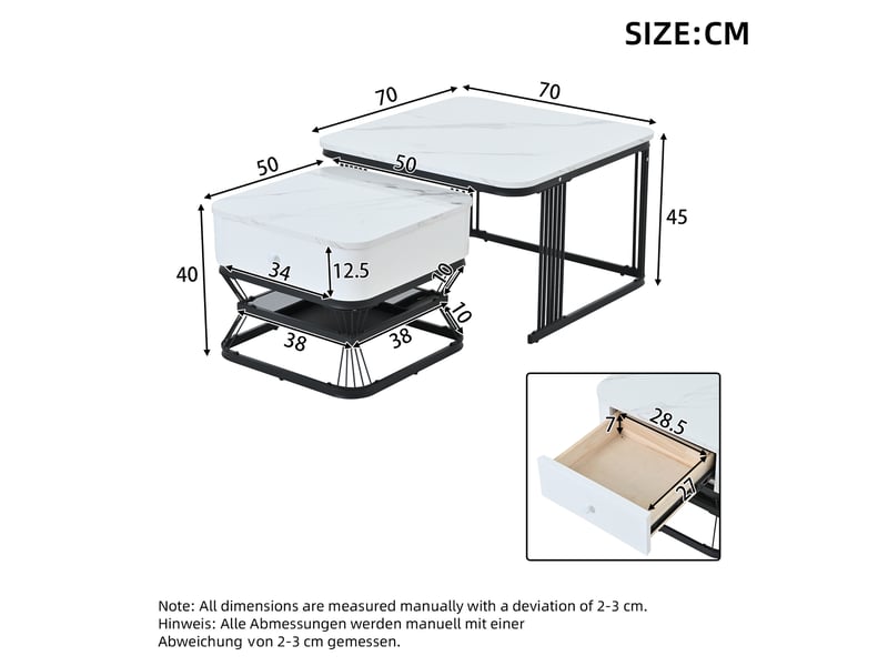  Tables basses gigognes avec 1 tiroir et rangement ouvert, finition brillante effet marbre, pour salon  - Conforama D