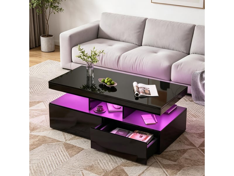  Table basse laquée noire – éclairage led rgb – 2 tiroirs extra-larges – plateau à plusieurs niveaux – grand espace de rangement  - Conforama B