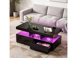 Table basse laquée noire – éclairage led rgb – 2 tiroirs extra-larges – plateau à plusieurs niveaux – grand espace de rangement