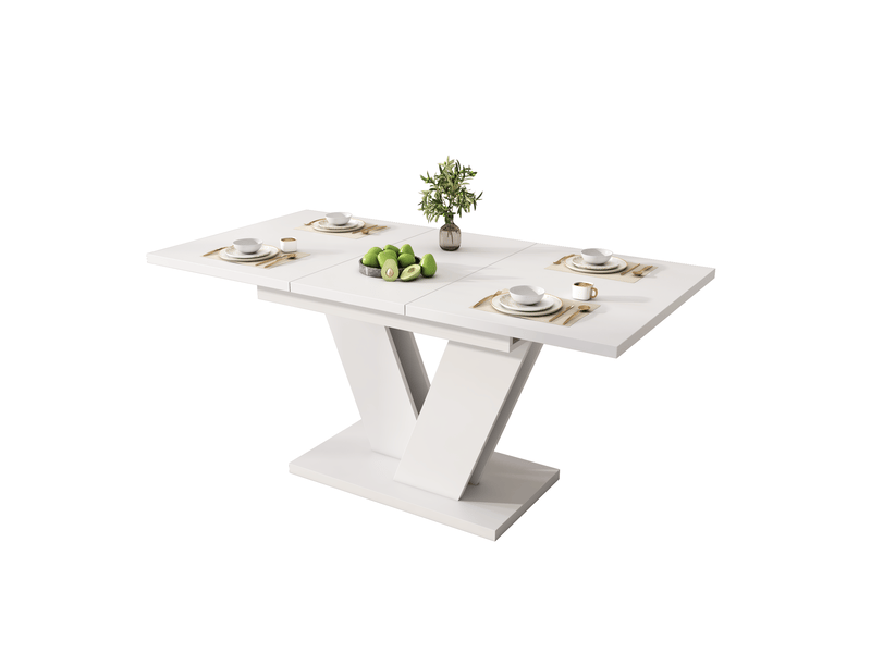  Lot de 7, ensemble repas extensible 120 à 160 x 80 cm, table blanche en mdf et 6 chaises beige pivotantes  - Conforama A