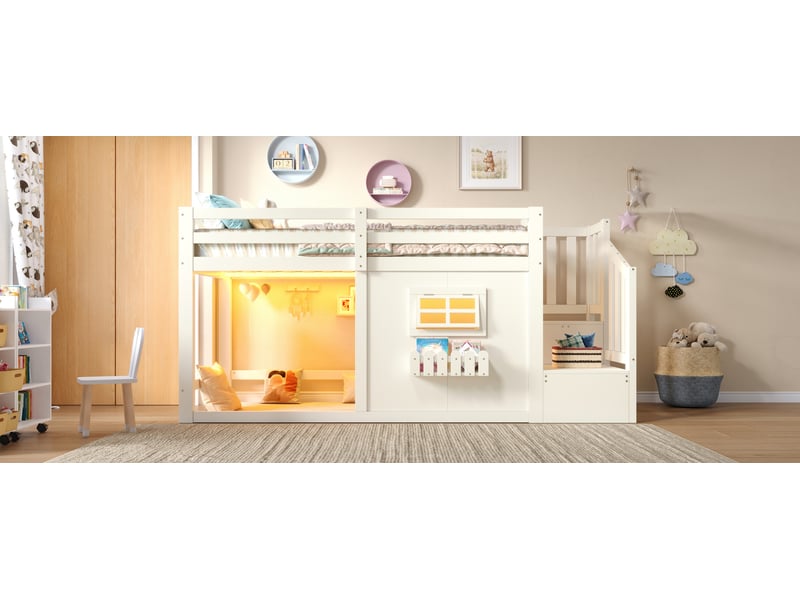  Lit superposé 90x200 cm blanc pin et mdf avec fenêtre échelle de rangement et bandeau led sans matelas Sol Morn - Conforama B