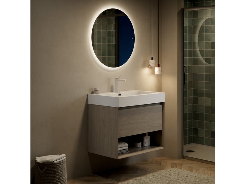 Meuble sous vasque suspendu avec 1 tiroir et niche ouverte pour salle de bain, chêne clair 70 × 46 × 60 cm - Conforama B