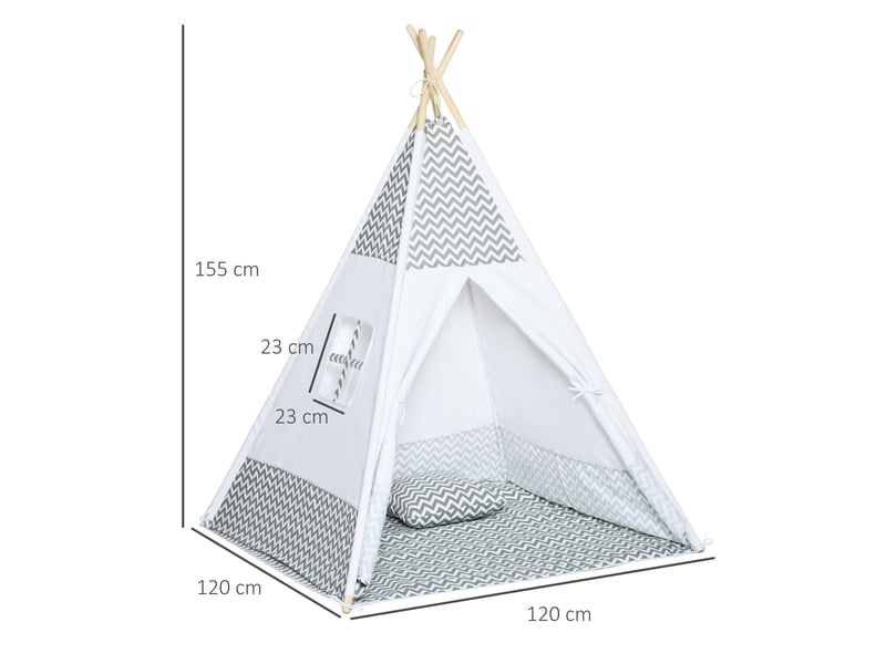  Tente teepee indien tente de jeu pour enfant style graphique - dim. 1,2l x 1,2i x 1,55h m - à l'intérieur à l'extérieur gris blanc - porte refermable fenêtre tapis coussin sac transport inclus  - Conforama C