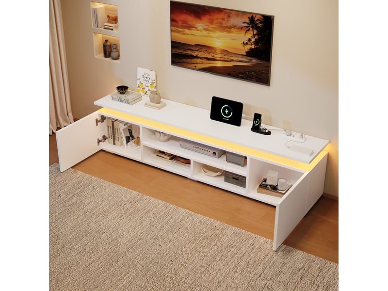  Meuble tv 180x35x42 cm blanc en mdf avec led rgb et rangement  - Conforama D