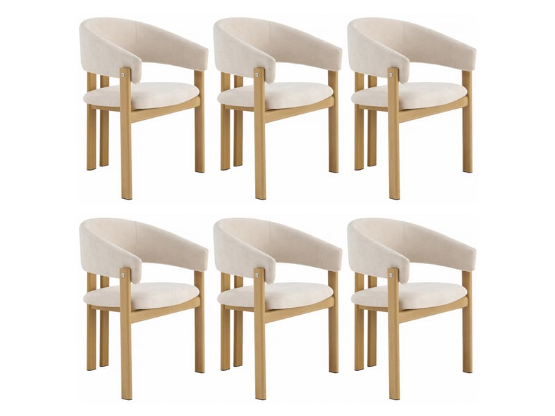  Lot de 6 chaises de salle à manger en lin beige avec accoudoirs, structure métal effet bois naturel, dossier rembourré, charge 150 kg  - Conforama A