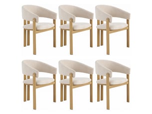 Lot de 6 chaises de salle à manger en lin beige avec accoudoirs, structure métal effet bois naturel, dossier rembourré, charge 150 kg