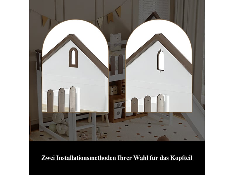  Lit mezzanine,90x200 cm,avec toit,fenêtre,échelle,toboggan,pin et mdf,blanc et noyer  - Conforama E