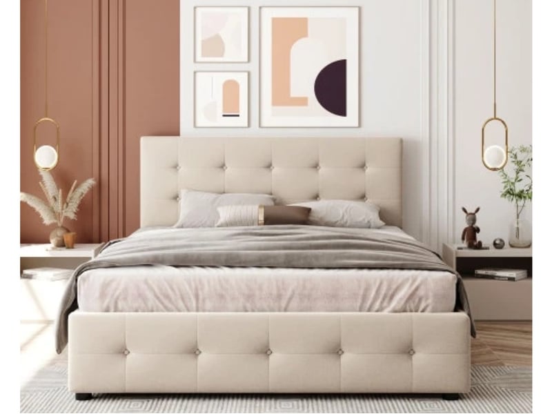  Lit capitonné 140×200, tiroirs + sommier, velours, beige, sans matelas  - Conforama B