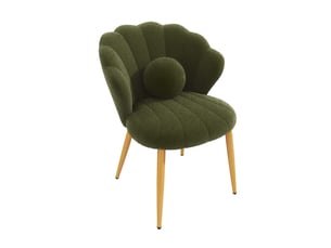 Chaise verte en tissu teddy, set de 2, design coquille, coussin perles, pieds métalliques dorés, stable jusqu'à 150kg