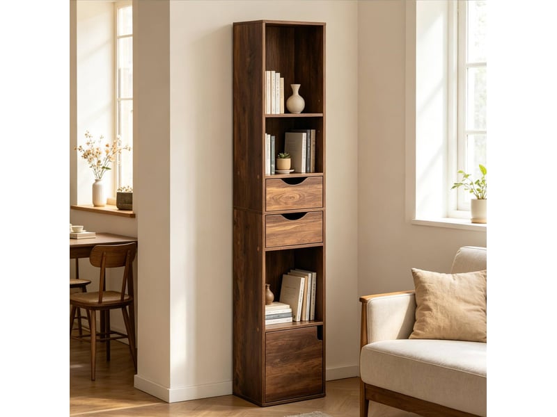  Bibliothèque étroite 30x24x157,5 cm marron en bois d'ingénierie, 3 étagères, 2 tiroirs, 1 porte  - Conforama E