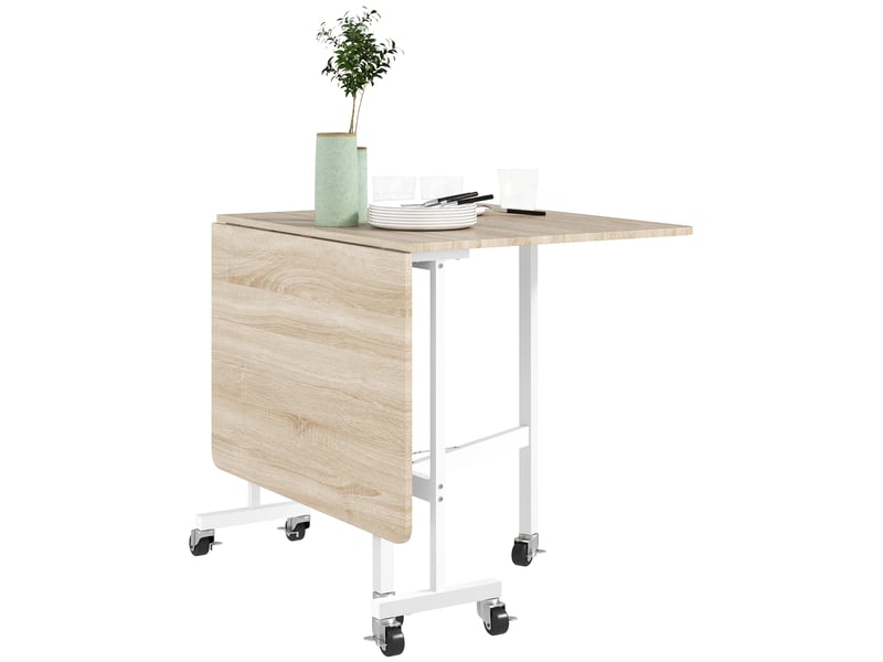  Table à manger pliante sur roulettes pour 4-6 personnes 120 cm, roues avec freins, 2 abattants, style industriel, chêne  - Conforama A