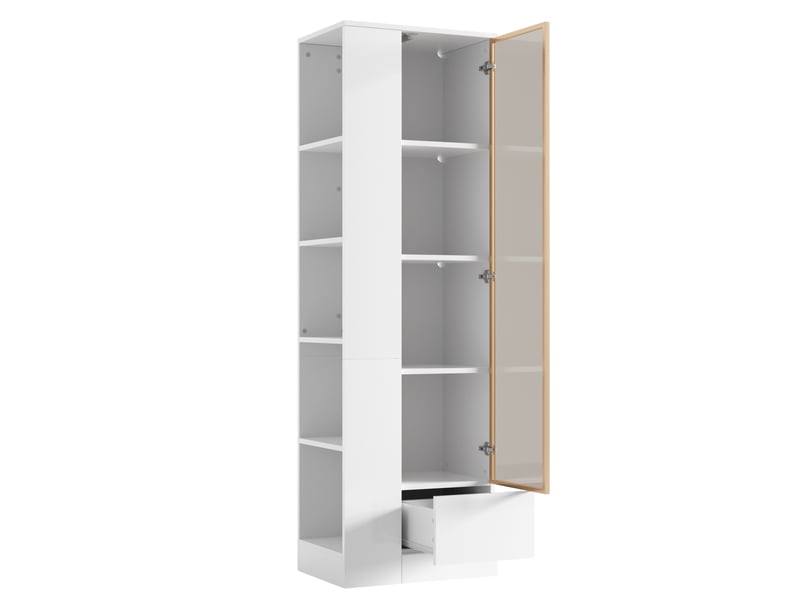  Vitrine haute 50 x 35 x 160 cm – blanche – porte vitrée, led réglable par application, tiroir et niches  - Conforama D