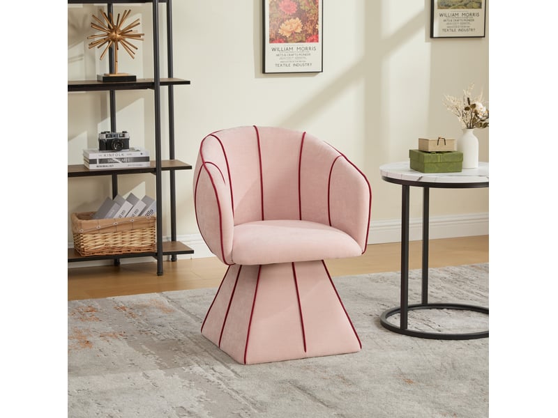  Fauteuil pivotant 56x54x74,5 cm, pour salon, bureau, avec dossier haut ergonomique et accoudoirs larges, rose, chenille  - Conforama E