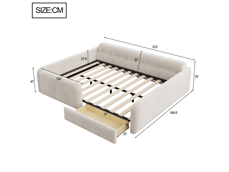  Lit enfant rembourré - 140x200 cm - barrières de sécurité - tiroirs de rangement - éclairage led - prise de charge - velours - beige CozyNest - Conforama D
