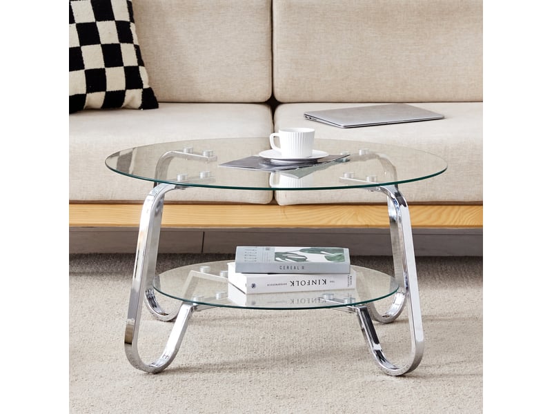 Table basse rétro minimaliste, métal et verre trempé double niveau, élégante pour salon - Conforama B