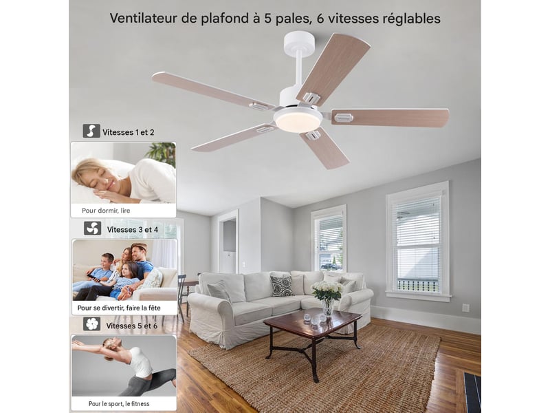  Ventilateur de plafond avec éclairage led télécommande 5 pales 132x132x37 cm  - Conforama E