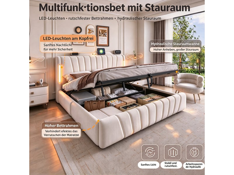  Lit coffre 180x200 cm, lit double confortable et raffiné, facile à assortir, grand coffre hydraulique, tête led, usbtype-c, veilleuse, velours beige  - Conforama E