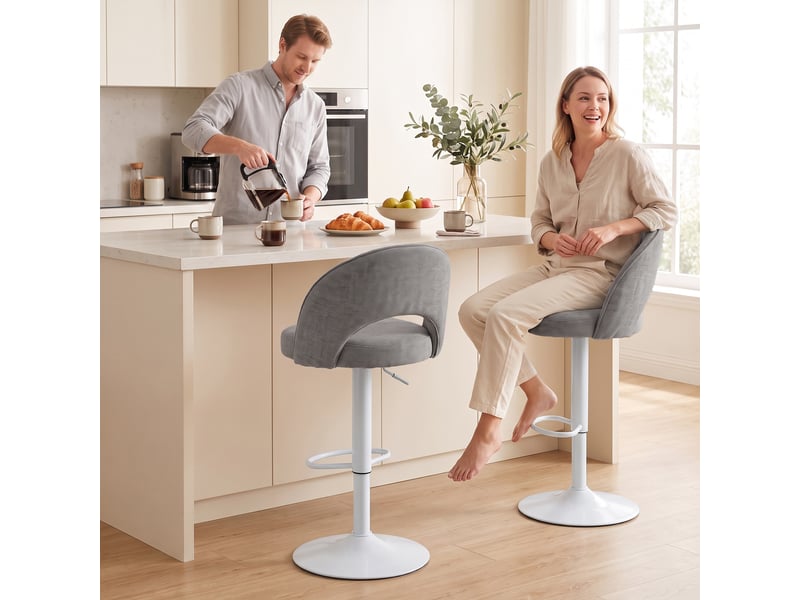  Lot de 2 tabourets de bar, chaises de bar réglables en hauteur, assise rembourrée en chenille, pivotant 360°, gris  - Conforama D