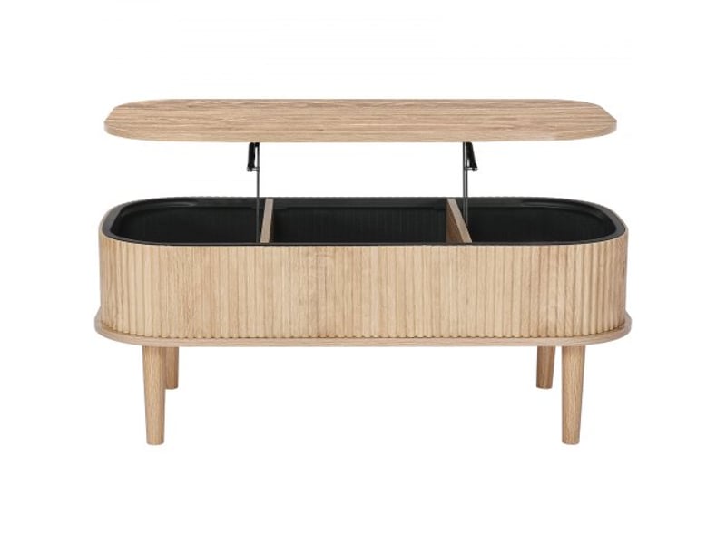  Table basse relevable, table de salon ovale avec rangement caché de 3 compartiments, plateau relevable, meuble en bois pour maison, bureau et chambre, cannelée, mécanisme de levage métallique  - Conforama A