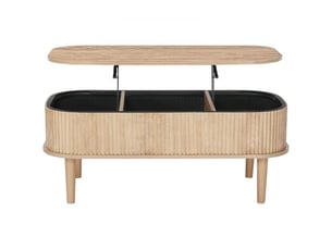 Table basse relevable, table de salon ovale avec rangement caché de 3 compartiments, plateau relevable, meuble en bois pour maison, bureau et chambre, cannelée, mécanisme de levage métallique
