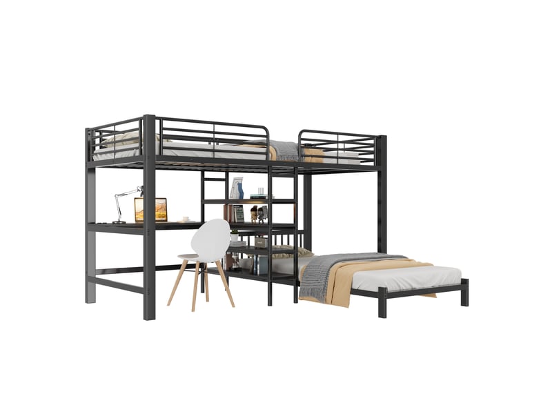  Lit superposé 90x200 cm - avec bureau en l prises usbtype-c rangement échelle en747 - noir  - Conforama A
