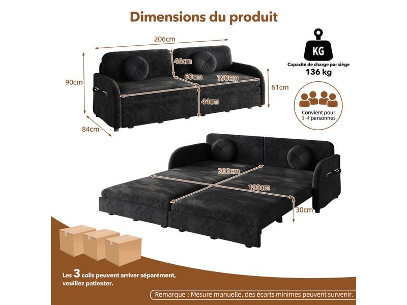 Canapé convertible 3 places noir en chenille avec couchage 190 x 200 cm Fay Lum - Conforama C
