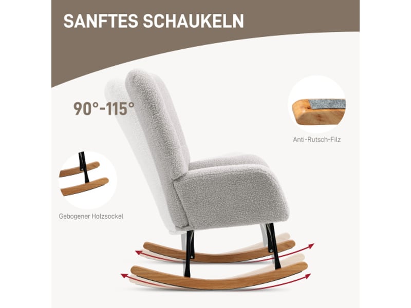  Fauteuil à bascule gris clair effet teddy, accoudoirs, patins en bois, relax pour salon et chambre  - Conforama D