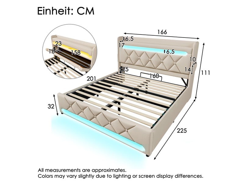  Lit coffre, lit double 160x200 cm, rangement hydraulique, tête de lit avec rangement, led 360°, usbusb-c, lin beige, matelas inclus  - Conforama C