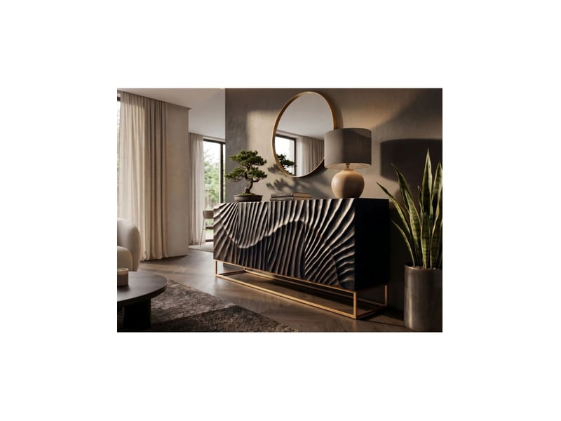  Buffet silva 177 cm en bois massif de manguier noir sculpté – 4 portes et piètement doré  - Conforama D