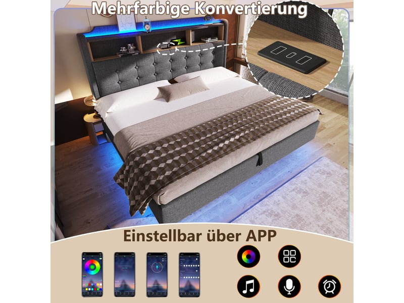 Lit coffre 180x200 cm avec led rangement hydraulique tiroirs usb type-c lin gris - Conforama E