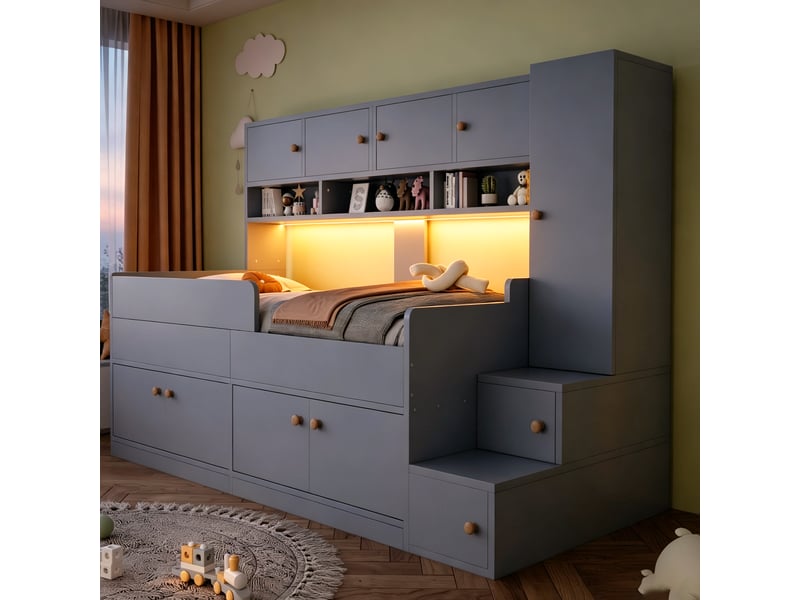  Lit mezzanine enfant en bois 90x200 cm avec armoire, rangements, led, escalier avec tiroirs et garde-corps de sécurité - gris  - Conforama B