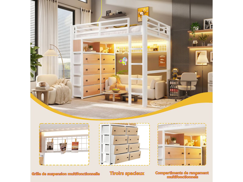 Lit mezzanine enfant 140x200 cm, 8 tiroirs et 2 étagères, panneau perforé, led 7 couleurs, espace inférieur ouvert, garde-corps intégral, métal blanc Radiant Stride - Conforama E