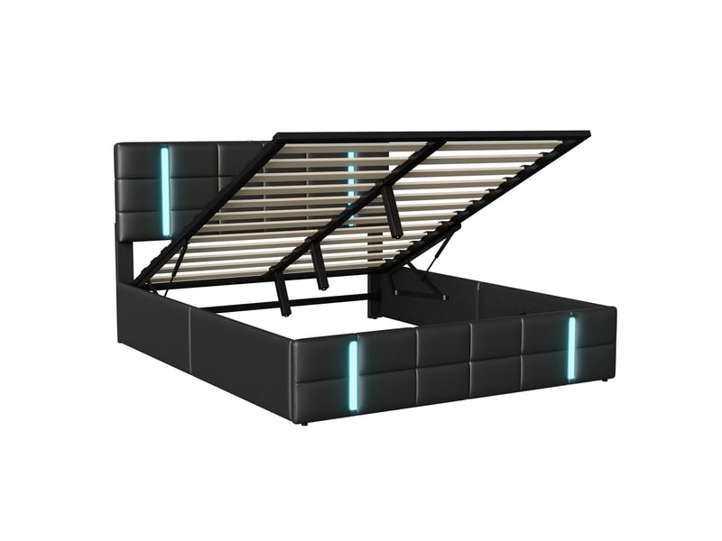 Lit coffre 160x200 cm avec 2 usb ,lit double rembourré 160x200 cm, cadre de lit avec sommier à lattes,noir,pu - Conforama W