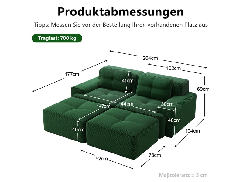 Canapé modulable ulevr 2 places en u avec ottomans, velours côtelé vert, assise profonde 74 cm, 204 x 177 x 69 cm, sans montage - Conforama C