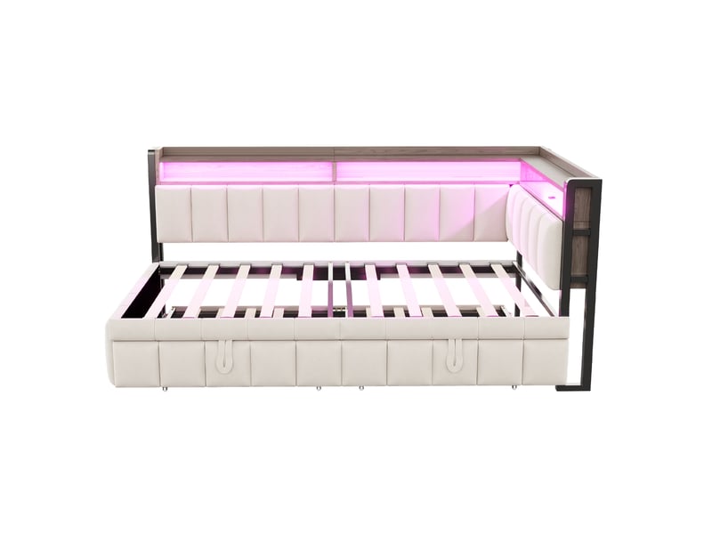  Lit banquette 90x200 cm – beige – lit gigogne, led réglable, rangements et usb-c – sans matelas  - Conforama E