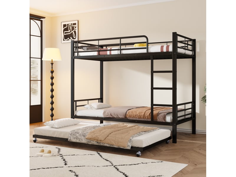 Lit superposé 3 places avec lit gigogne 90x200 et 90x190 cm métal noir - Conforama C