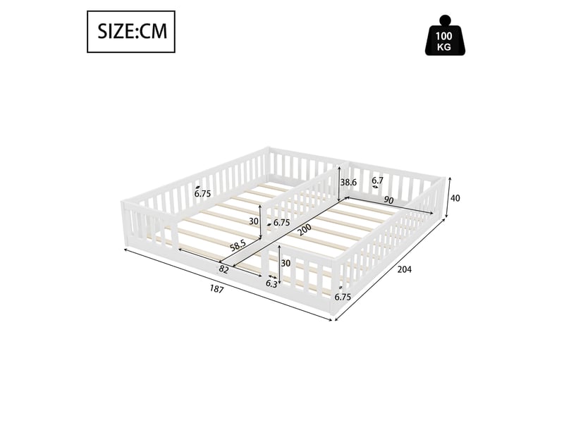  Lit enfant 2 places 90 × 200 cm et 90 × 200 cm avec barrières, sans matelas, en bois et mdf, blanc  - Conforama E