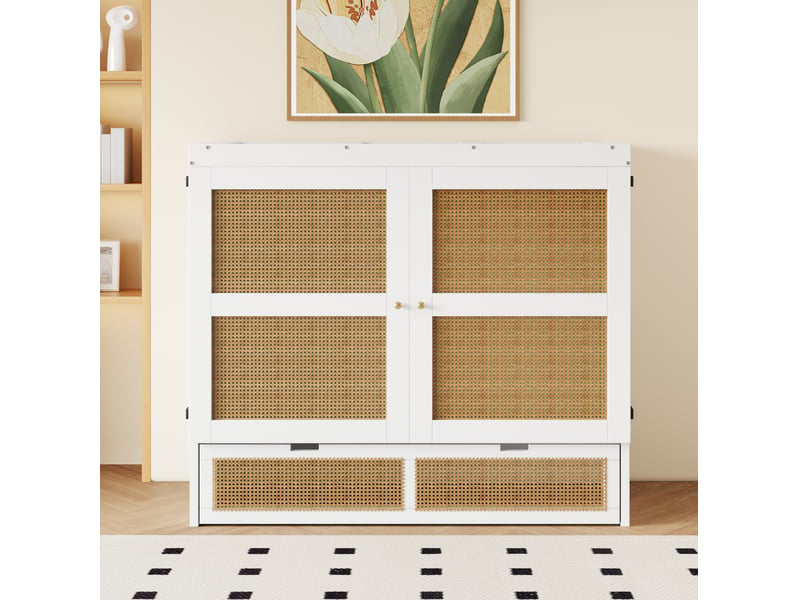 Lit escamotable 140x200 cm, rangements et 2 tiroirs, bois coloris blanc, sans matelas - Conforama E