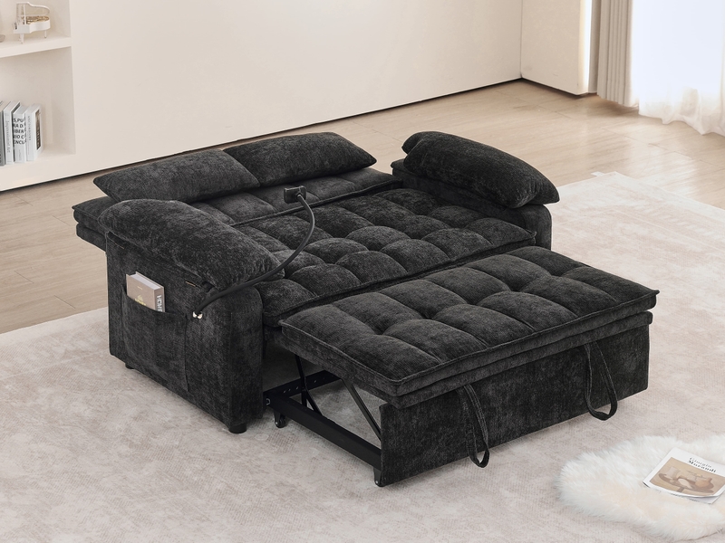 Canapé droit 3-en-1 convertible, fonction détente allongée, deux coussins lombaires, tablette et porte-gobelets, 87 x 89,5 x 142 cm, noir - Conforama B