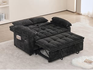 Canapé droit 3-en-1 convertible, fonction détente allongée, deux coussins lombaires, tablette et porte-gobelets, 87 x 89,5 x 142 cm, noir
