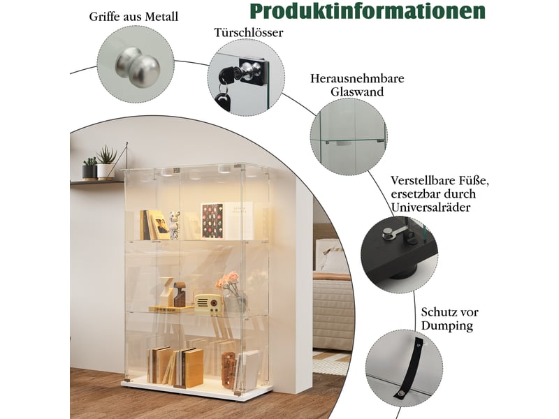  Vitrine en verre 3 niveaux double porte - blanc - 78,5 x 35 x 123,5 cm - armoire d'exposition avec éclairage led et base blanche  - Conforama D