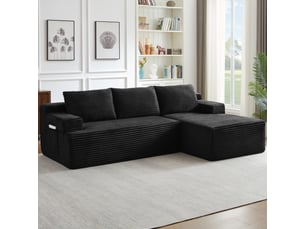Canapé 4 places - 238x152x66cm - modulable sans montage avec méridienne droite et tissu velours côtelé - noir