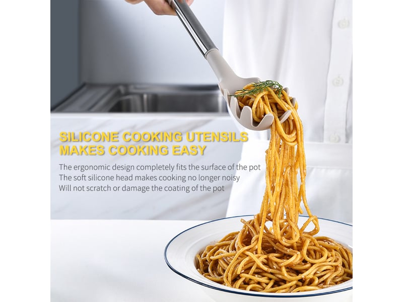 Ensemble de 12 ustensiles de cuisine en acier inoxydable et silicone avec seau de rangement rotatif, gris  - Conforama D