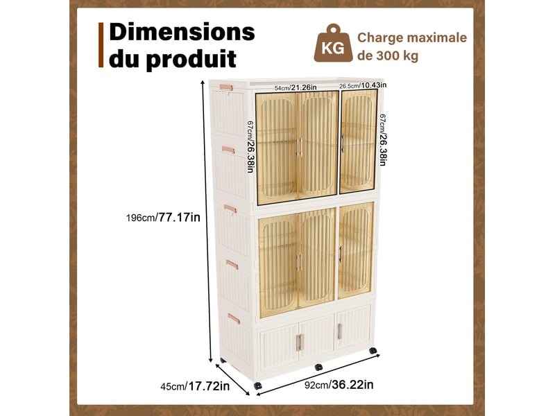  Armoire modulaire pliable 92x45x196 cm avec 9 portes magnétiques couleur beige crème, polypropylène  - Conforama C