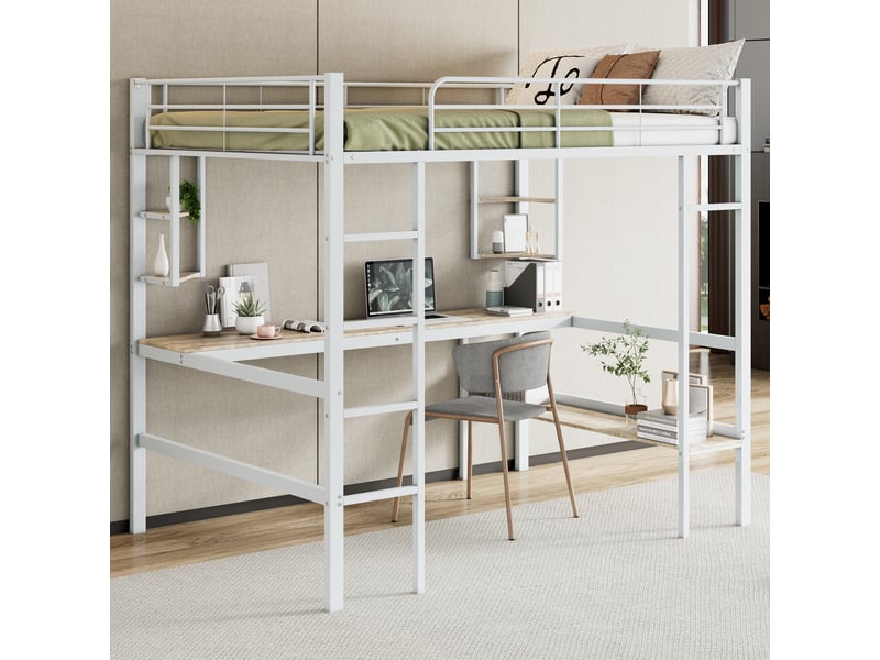  Lit mezzanine 140x200 cm avec étagères, structure acier, sommier, protection, métal + mdf, blanc, sans matelas  - Conforama B