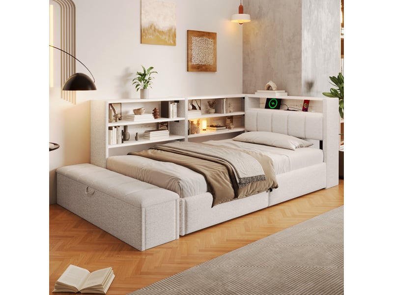  Lit banquette coffre rembourré 90x200 cm, rangement hydraulique, banc coffre mobile, meuble latéral réversible, led rgb, usb-ac, velours blanc Radiant Stride - Conforama D